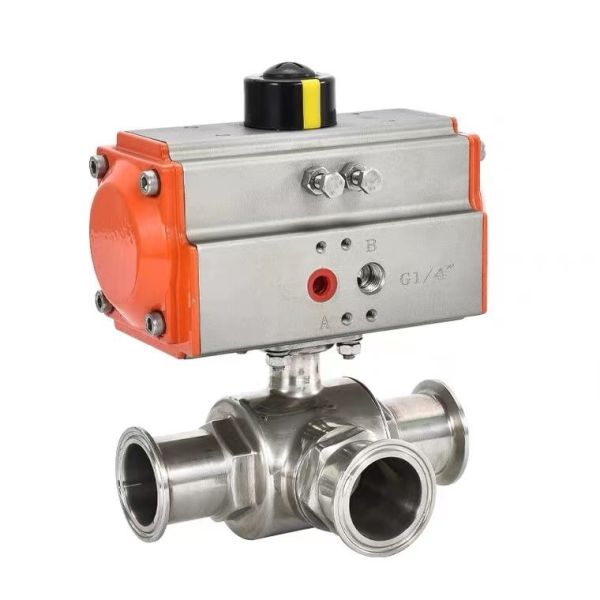 Sanitary Tri Clamp 3 Way Pneumatic Ball Valve SS304 SS316L L/T Port Pneumatic Actuated Three Way Ball Valve