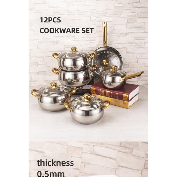 Best Selling Stainless Steel Cookware Set 12pcs Double Layer Cooking Pot Set With Golden Handle