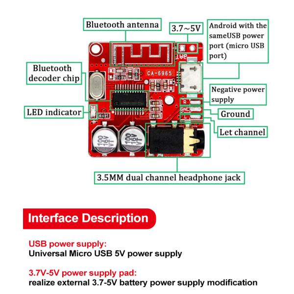 2 канала 5V CA-6965 BT5.0 Аудиоприемник для беспроводного стерео-музыкального модуля