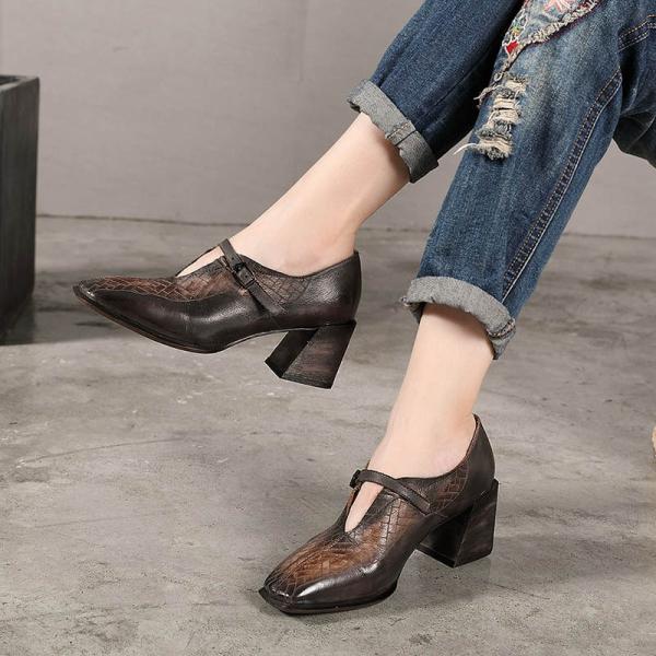 S166 2020 autumn and winter square toe thick heel handmade original leather high heels literary forest women's retro