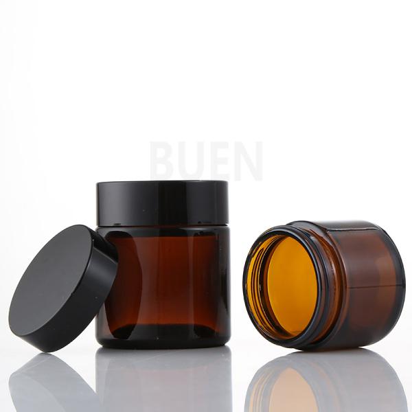 Cylinder Amber Face Cream Glass Cosmetic Jars With Black Lid ISO90001