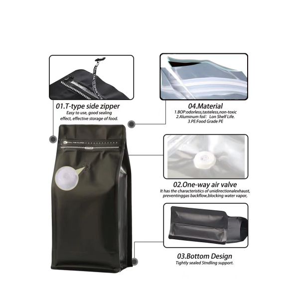 Food Grade Stand up Pouches with Valve Resealable Side Zipper Coffee Bean Bags Vented Storage Bags for Coffee Beans