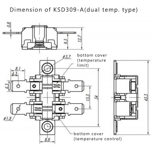 Защитник от тепловой перегрузки KSD309-A Нормальный плоский квадратный керамический биметаллический термостат 10A 280C