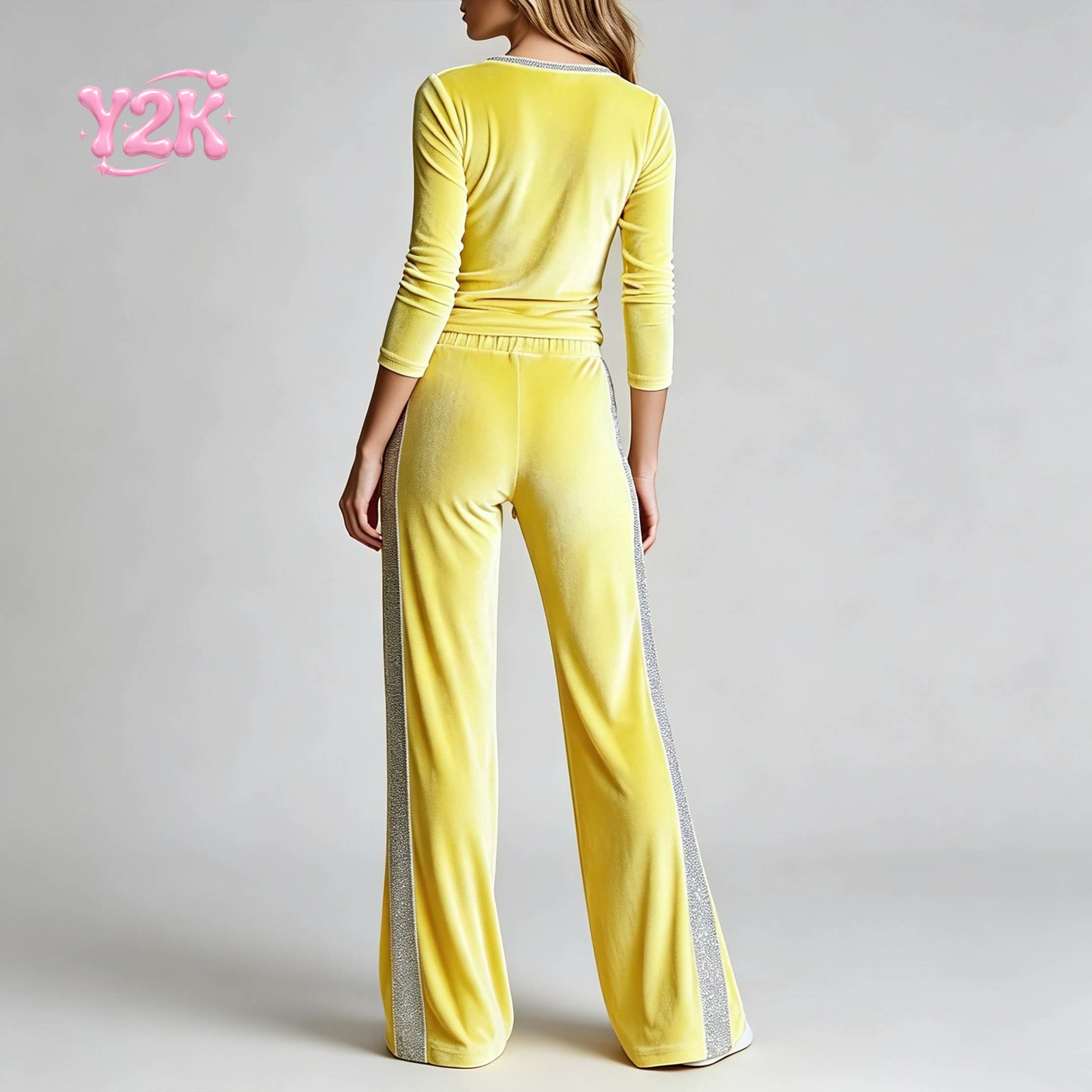 Custom Women's V Neck Velour Top Rhinestone Wide Leg Pants Set