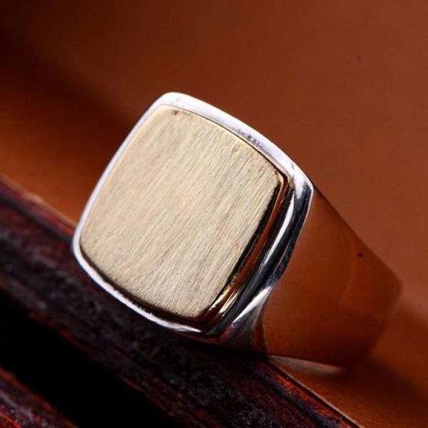 925 Sterling Silver Golden Two Tone Suqare Men Ring(060452)