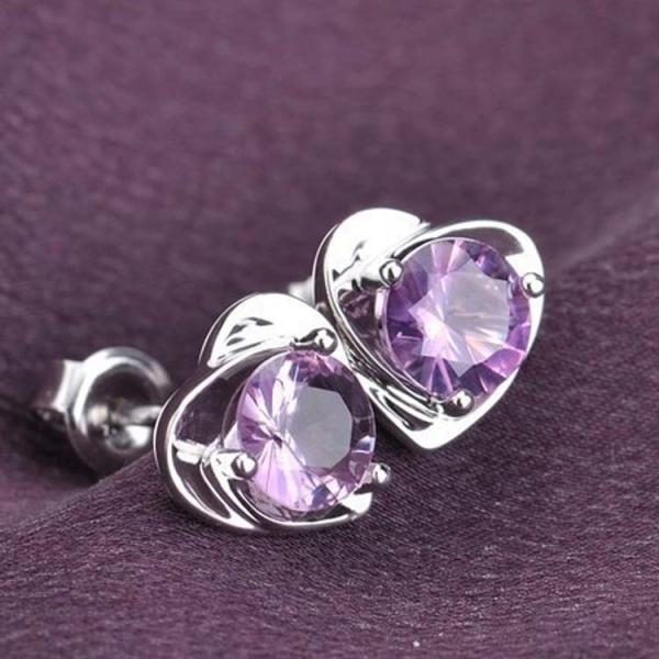 925 Silver with Created Amethyst Heart Stud Earrings(EESTUD01)