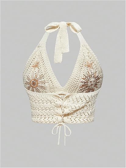 Women'S Plus Size Crochet Halter Crop Top Lace Up Backless Embroidered Hippie Boho Tank Crochet Swimsuit Beach Overskirt Swimsuit Cover Ups