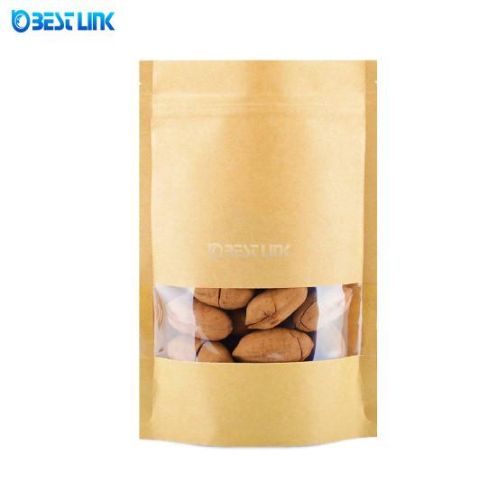 Plain Kraft Waterproof Zip-lock Standing Pouch Brown Paper Bags with Clear Window