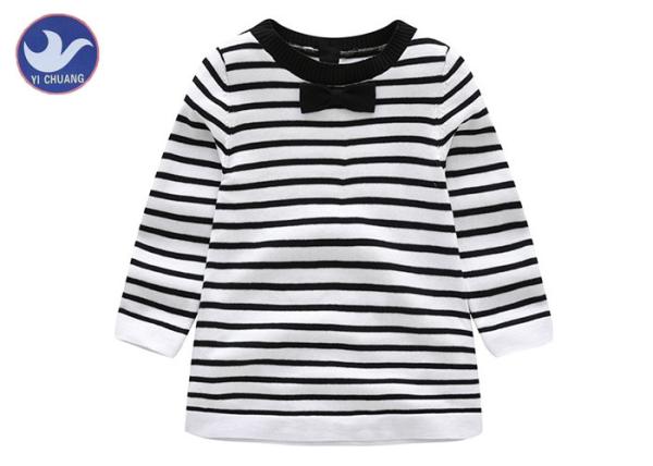 Cotton Knitted Girl Striped Dress , Black And White Childrens Dresses Long Sleeves