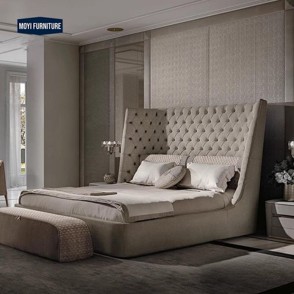 MOYI Italy Modern Style Microfiber Leather Bed Room king Size Furniture Big Velvet Head Boards Brown Diamond Double king Bed