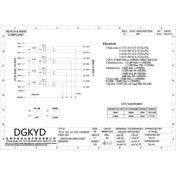 DGKYD24Q012DB1A1D057 длинный двойной порт слоя 2x4 защищал соединитель RJ45 фильтрованный гигабитом с желтым и зеленым СИД