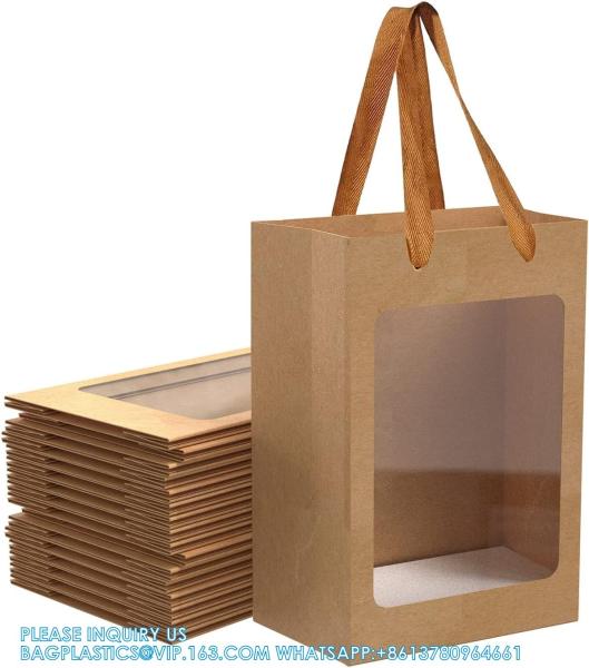 Kraft Shopping Bags With Handles For Present, Festivals Party Gift Bags With Transparent Window