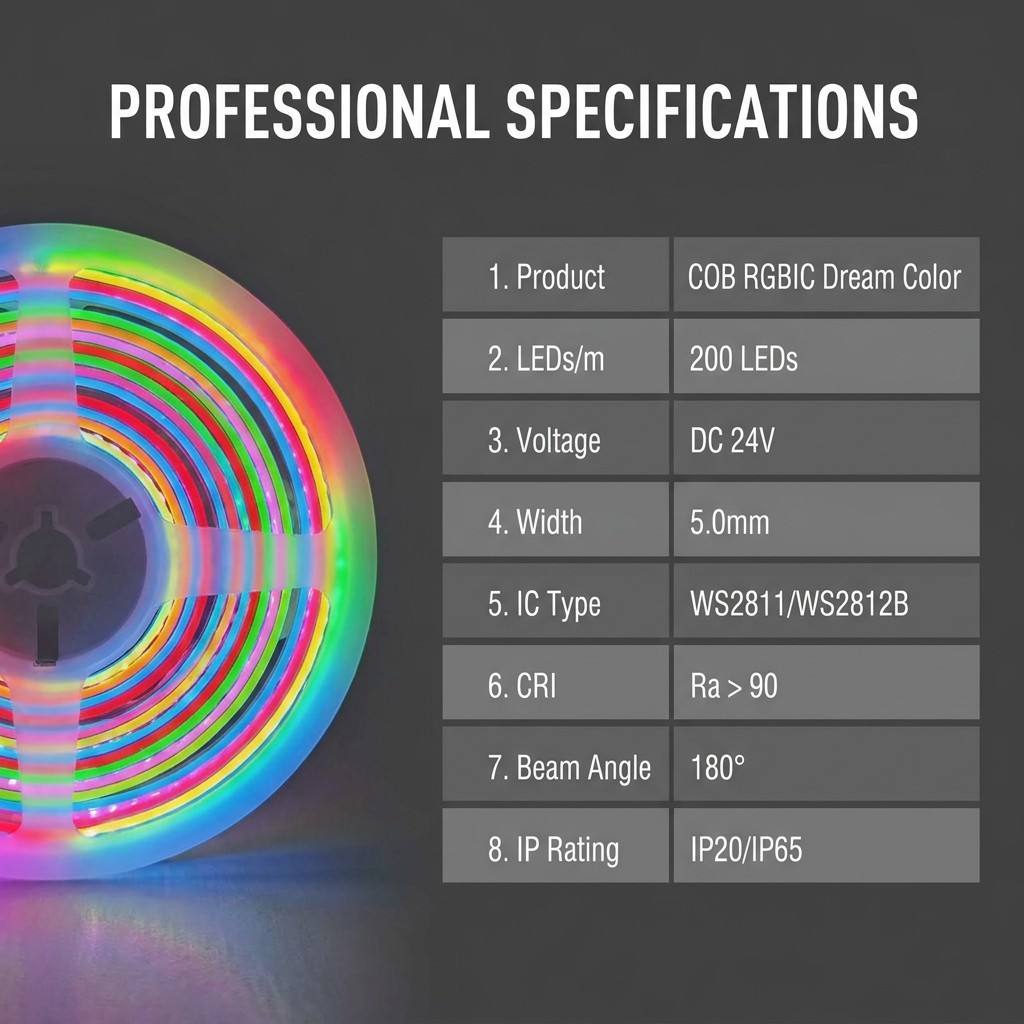 COB RGBIC Dream Color LED Strip 200LEDs/m 5V WS2812 Addressable 5mm Slim IP44 Neon Flexible Tape