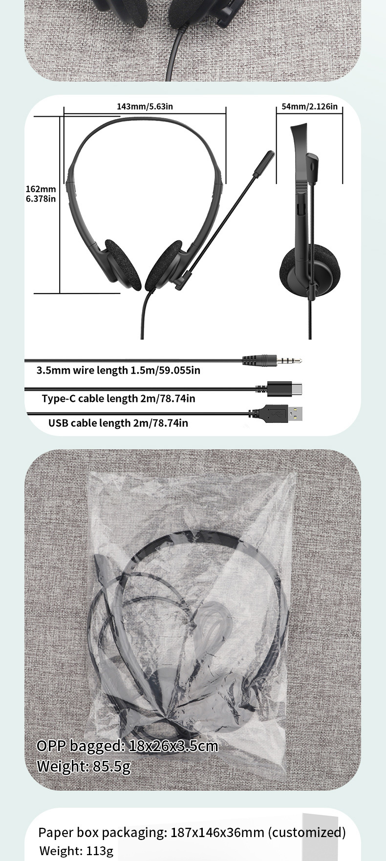 Lightweight wired telephone headset with ENC noise‑cancelling flexible boom microphone. Supports USB, Type‑C & 3.5mm jack, perfect for call centers, remote work, online meetings and classes,OEM & ODM