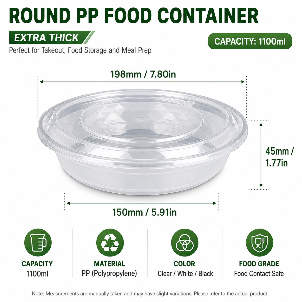 Clear Fitted Lid Disposable Food Bowls 1100ml Shallow Round PP Meal Tray
