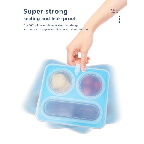 Blue Silicone Divided Snack Box with Lids BPA-Free Leak-Proof Eco-Friendly Microwave Dishwasher Safe for Kids Adults OEM