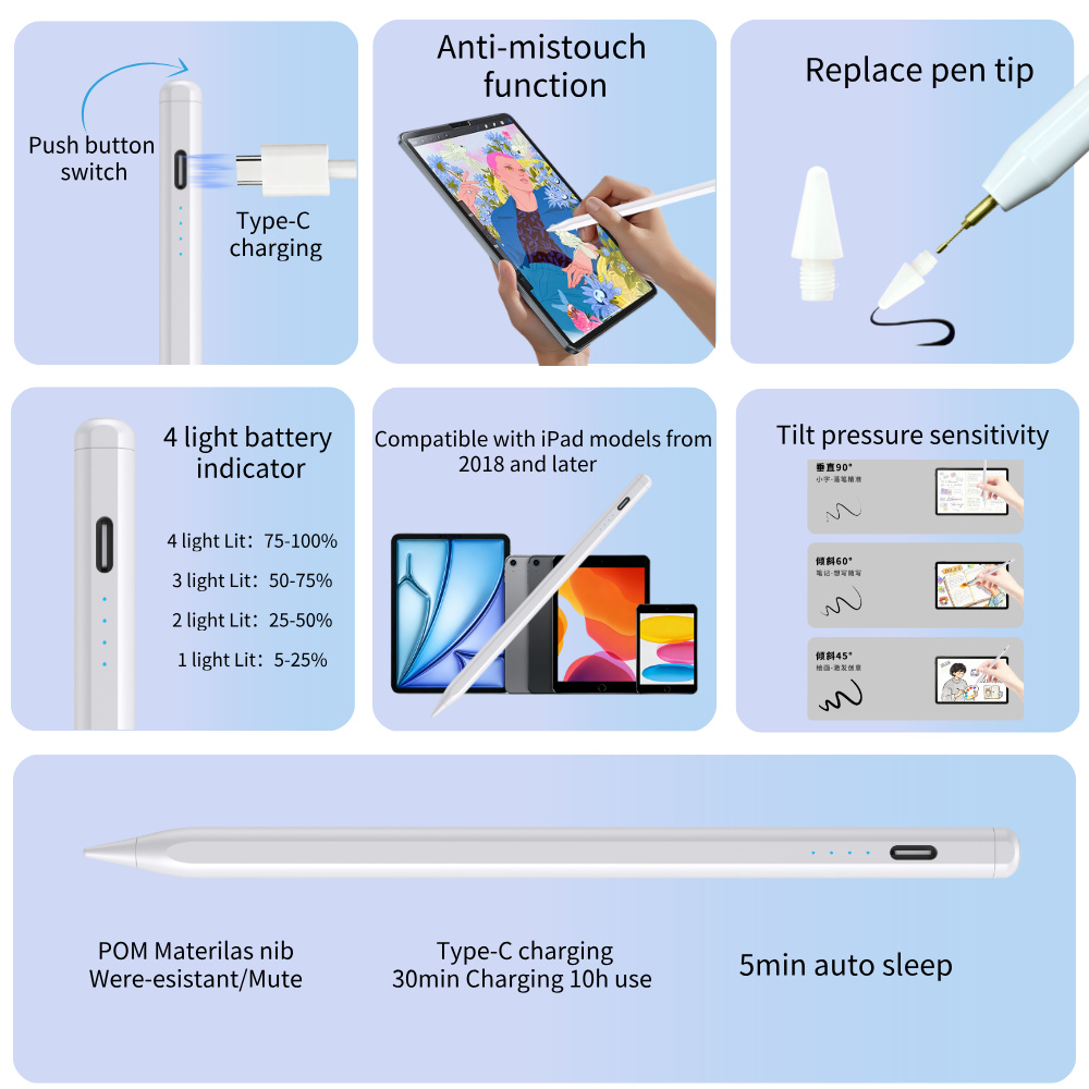 Push Switch Stylus Pen for apple Pencil with Led Power Indicators Palm Rejection Touch Pencil for 2018 to 2026 ipad Pencil