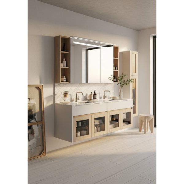 Gallery Pale Oak Wall-Mounted Vanity in 304 Stainless Steel with Quarter-Sawn European White Oak Veneer and Ultra-Matte Finish