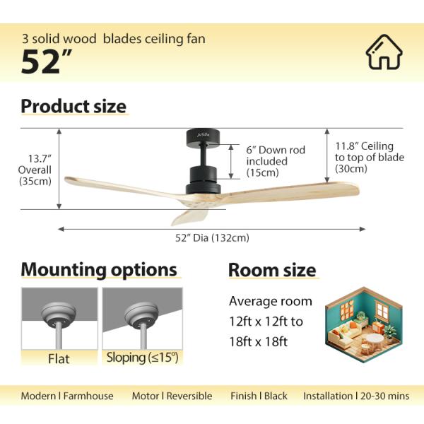Ventilador de teto de motor de corrente contínua de economia de energia com lâminas de madeira natural e controle remoto inteligente