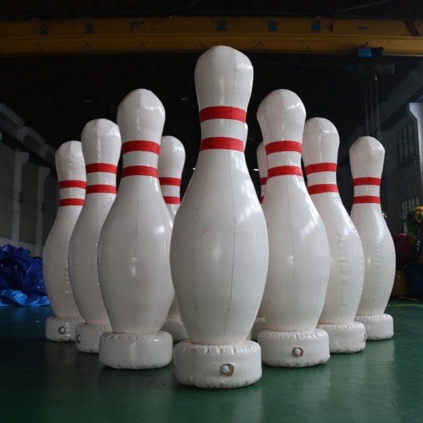 White Inflatable Bowling Pins with Red Stripes for Event Games