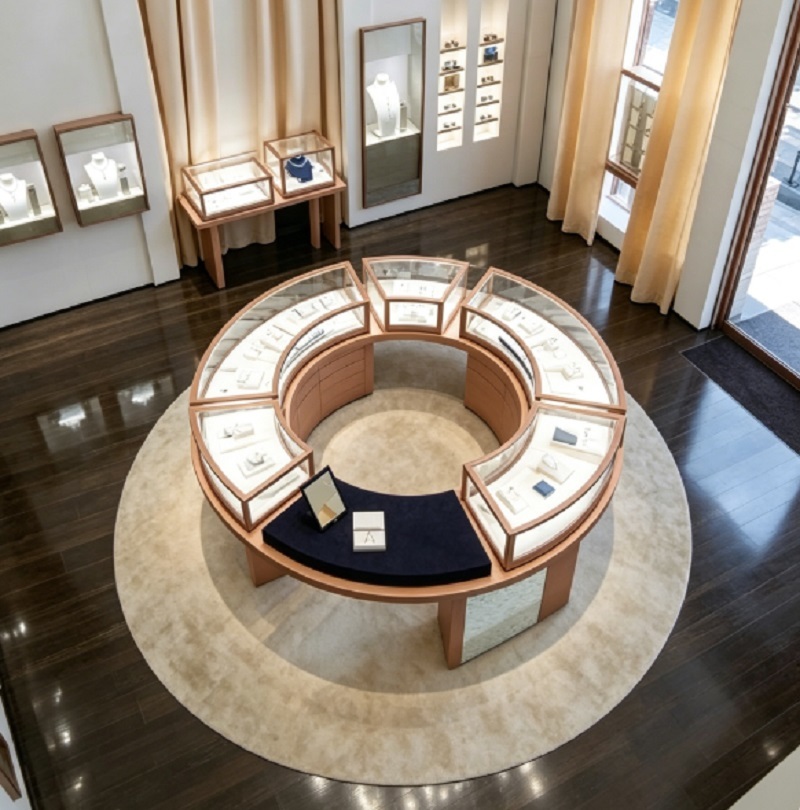 Modern Curved Walnut Wood Jewelry Store Interior Design, Complete Turnkey Fixture Package with Semi-Circular Central Showcase