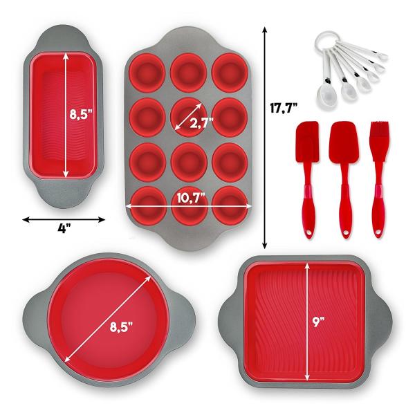 Silicone Baking Molds Pans and Utensils Kitchen | Silicone Cake Brownie Loaf Muffin Mold 2 Spatulas Brush 6 Measuring