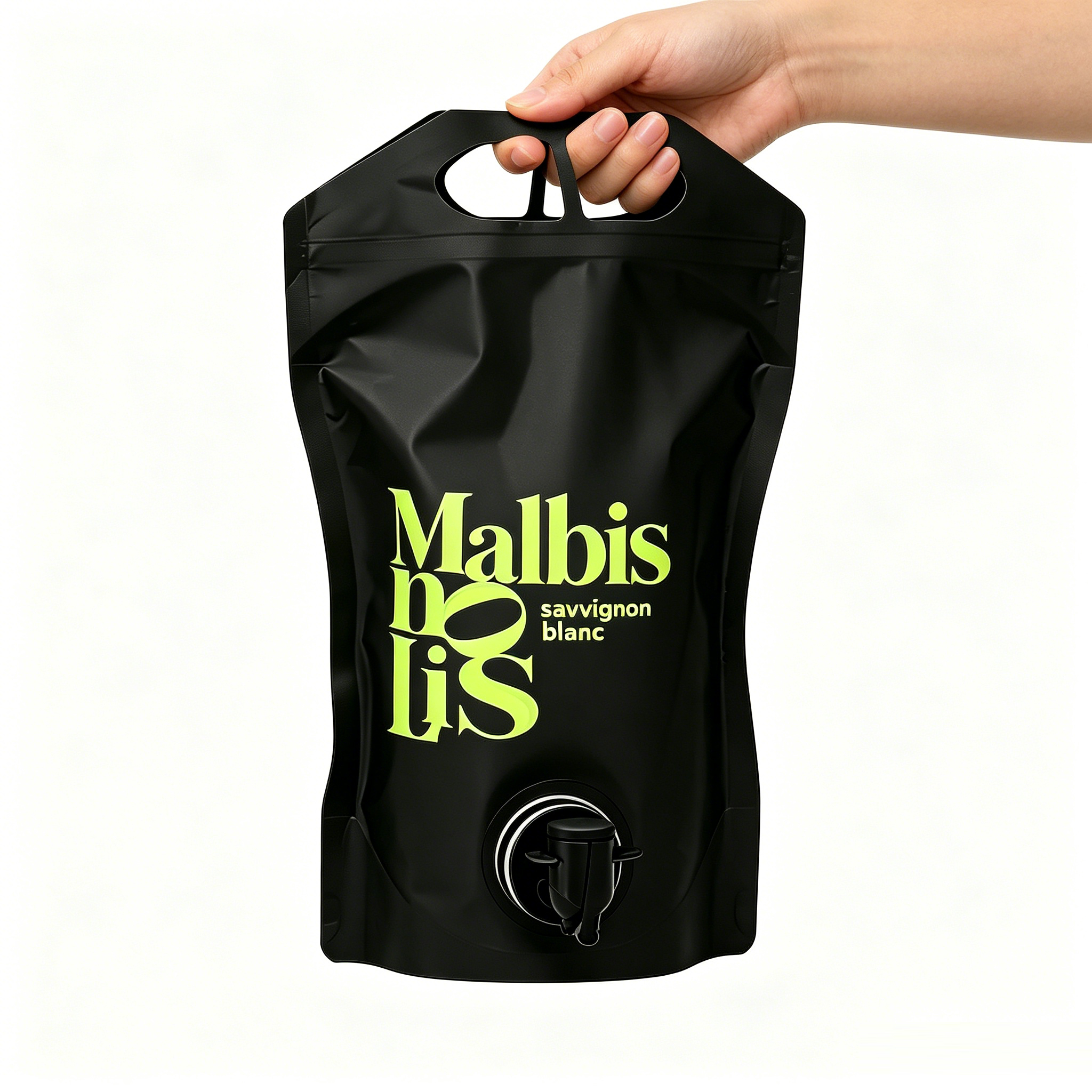 Custom Matte Black Stand Up Wine Spout Pouch With Dual Carry Cutouts | Custom Shape Printed High Barrier Dispenser Bag For White Wine, Fruit Wine & Beverage Concentrate