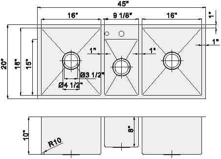 Triple Bowl Square Corner Top Mount Stainless Steel Kitchen Sink 70 X 20 Inches