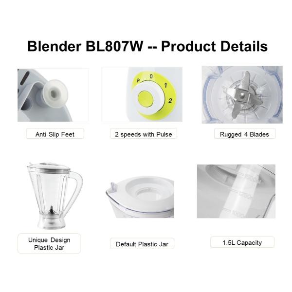 600W 1.5 L BL807 Plastic / Glass Jar Food Blender