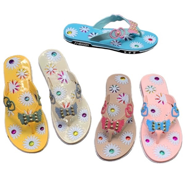 PVC Women Flip Flops with Daisy Print, Wing Decor and Colorful Rhinestones