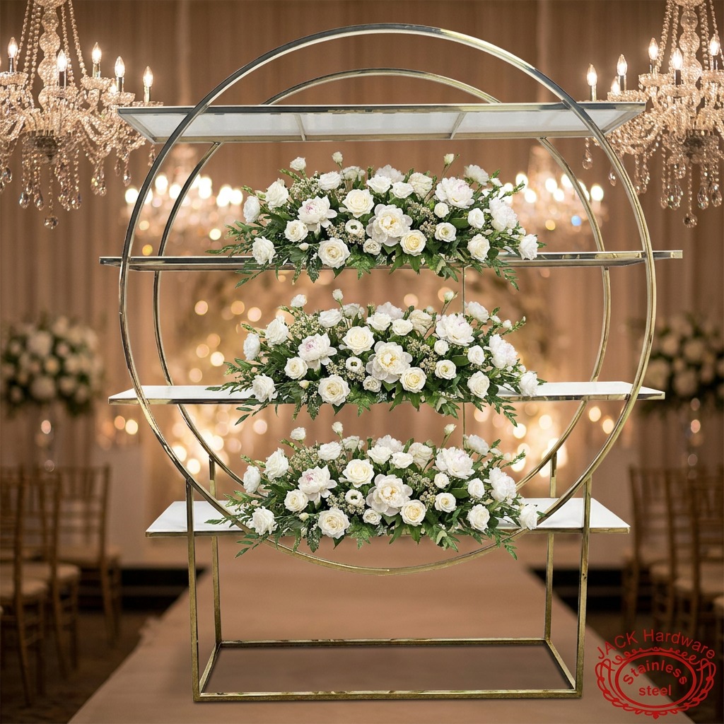 WENDING Gold Circle Ring 4-Tier White Shelf Wedding Display Rack – Full Moon Event Stand
