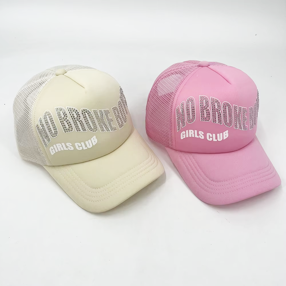 Rhinestone Mesh 5 Panel Trucker Cap Curved Brim For Sport Snapback Cap