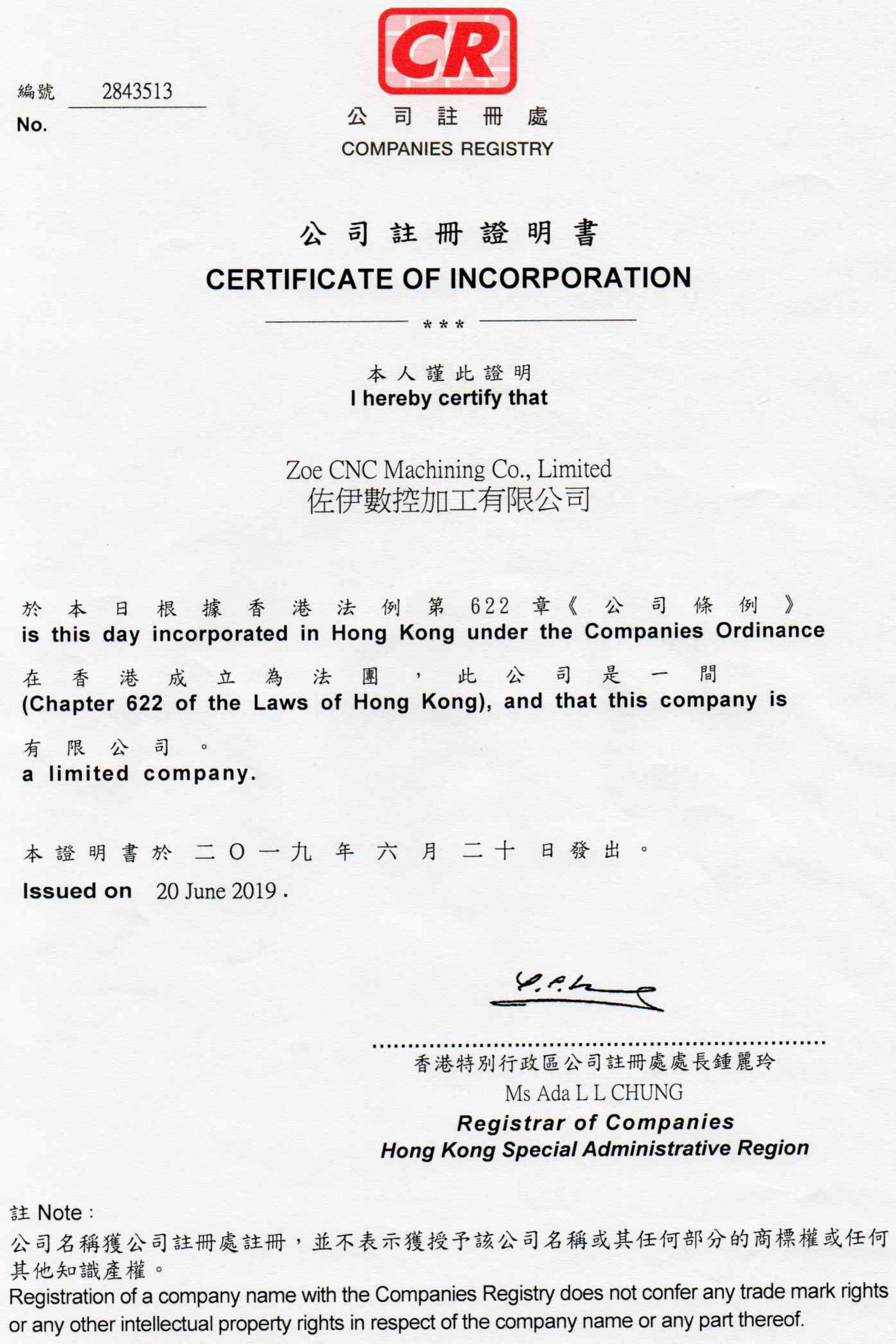 Zoe CNC Machining Co., Ltd. Сертификации