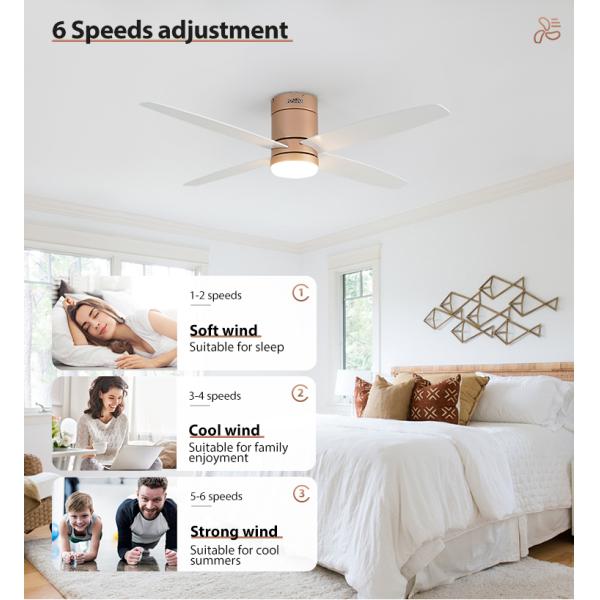 Design moderno 6 velocidades MDF lâminas Ventilador de teto Luz cor rosa-ouro e baixo perfil