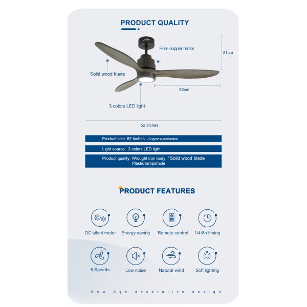 ceiling fan Ventiladores de tecto LED de lâmina de madeira 3 simples decorativos com controle remoto