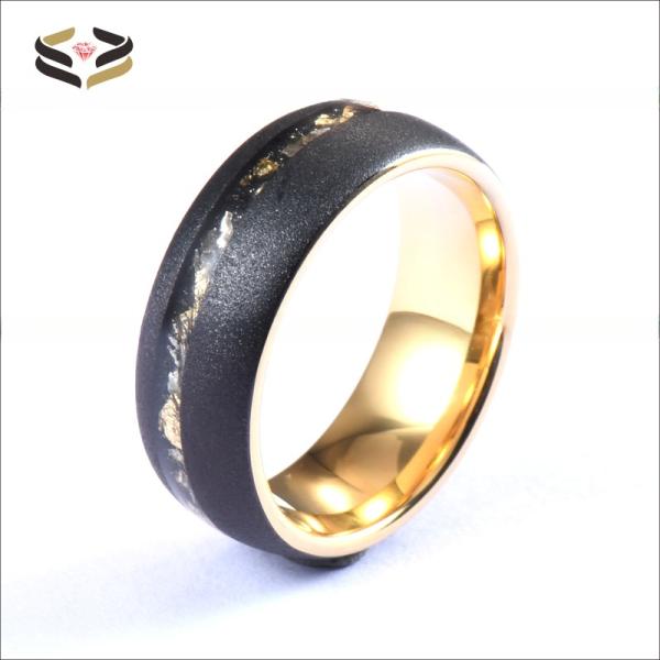 Men Crushed Meteorite Tungsten Ring Sandblasted Gold And Black Gold Foil 8mm
