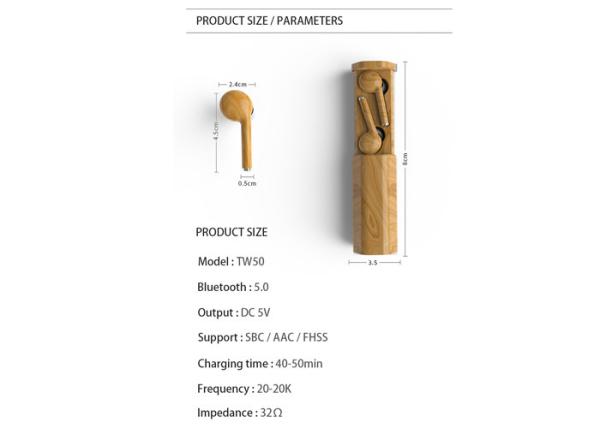 Wooden Color True Wireless Stereo Earphones Earbuds , 550mAh Bluetooth Earphone Buds