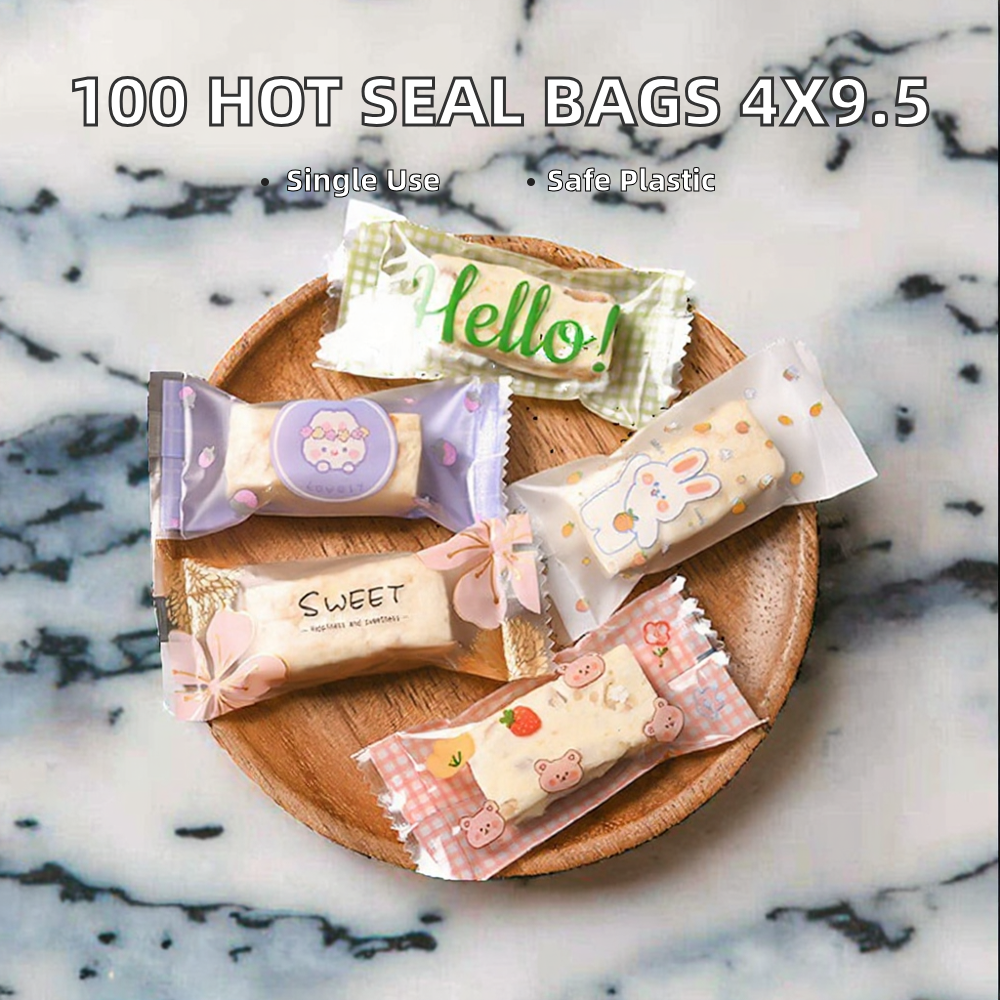 MOQ 1000Pcs Hot Seal Bags Handmade Candy Nougat Biscuit Packaging 4x9.5cm Food Grade Plastic Disposable Back Sealed Bag