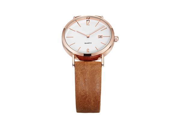 IP Rose Gold Quartz Nature Stainless Steel Wristwatch With Genuine Leather Strap