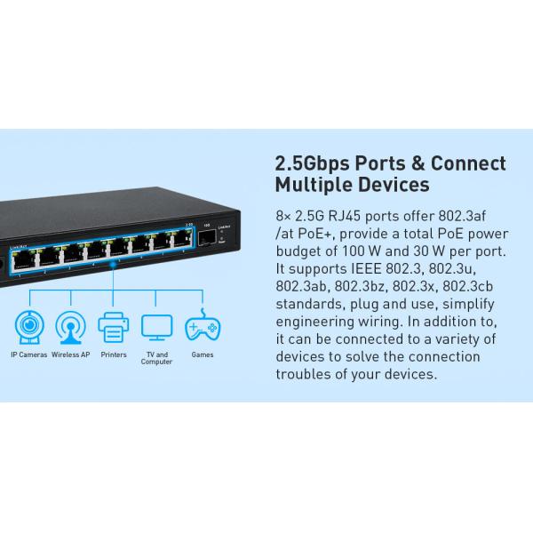 8-портовый 2.5G бесканатный световой управляемый рабочий стол PoE переключатель с 1 * 10G SFP Uplink OEM / ODM