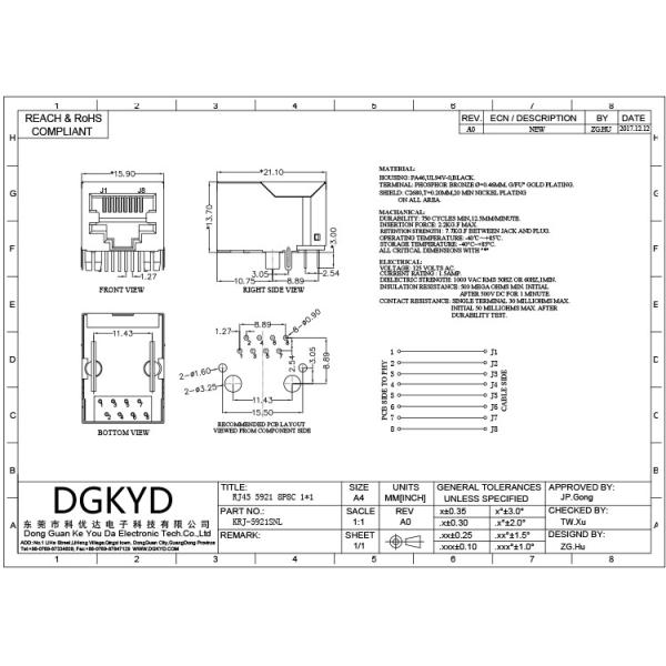 KRJ-5921SNL 10P8C защищало модульный соединитель RJ45 никакой жокей фильтра