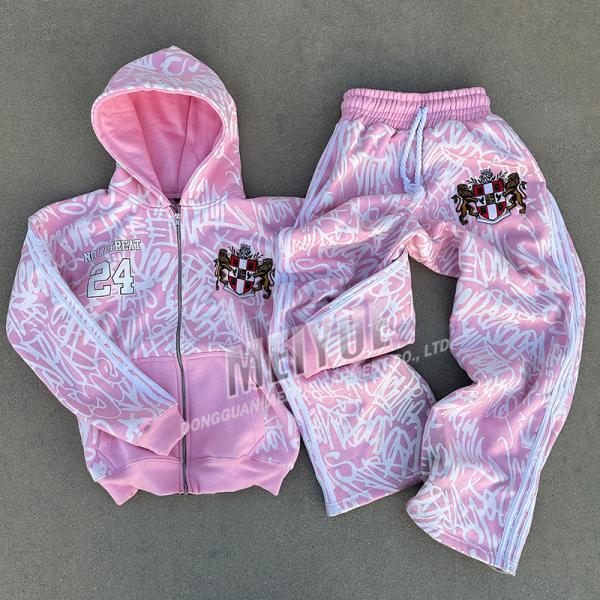 Dtg Impresión Zip Up Street Wear Trajes de deporte con bolsas de sudadera y sudadera con capucha Manga completa