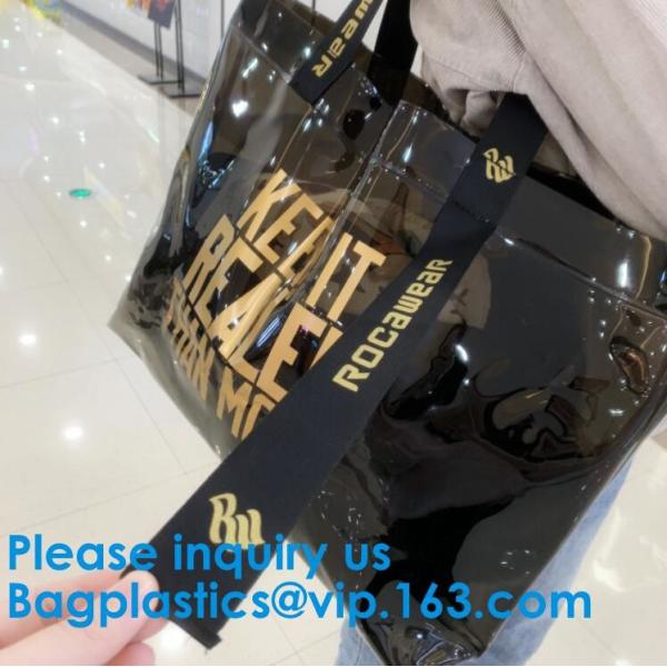 Vinyl PVC Shopping Bag, Shoulder Tote Bag Clear Waterproof Beach Handbag Custom Logo Handle Shopping Bag
