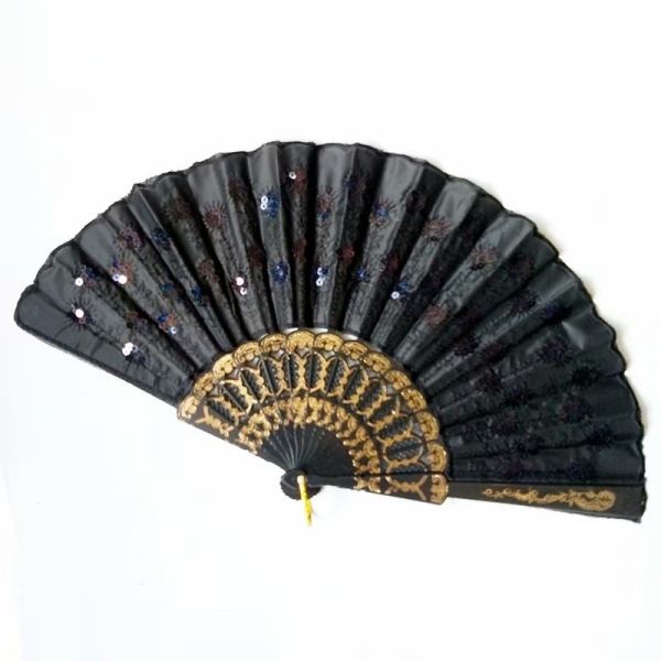 Hot Selling Foldable Hand Held Fan Black Plastic Embroidery Sequin Hand Fan