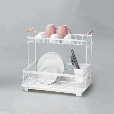 Two Tier Removable Plate Dish Drying Rack With Separate Cutlery Holder Wood Handle