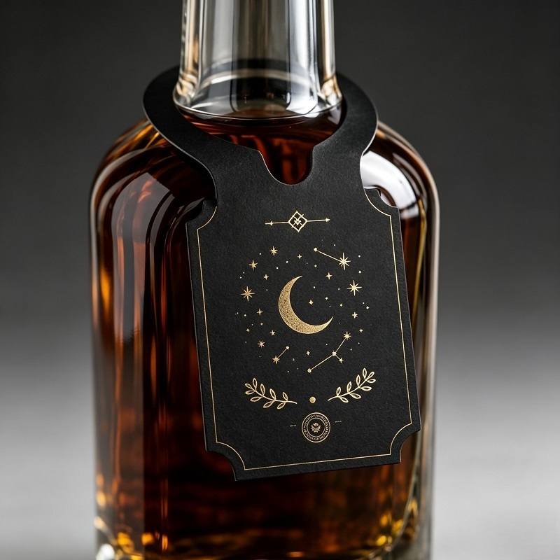 Black Vellum Paper Liquor Neck Tag With Gold Foil For Bottle Packaging