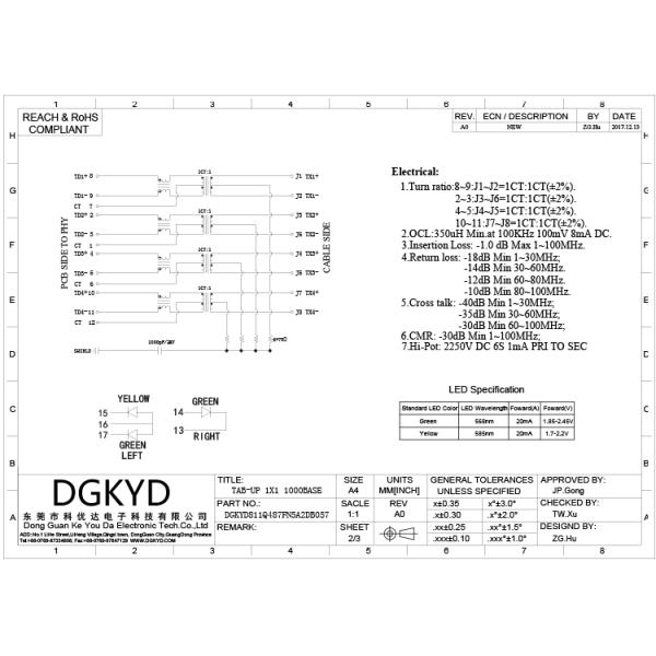 Pcb Джек 8p12 Rj45 защищал 1 гаван RJ45 модульное гнездо PA66 с СИД
