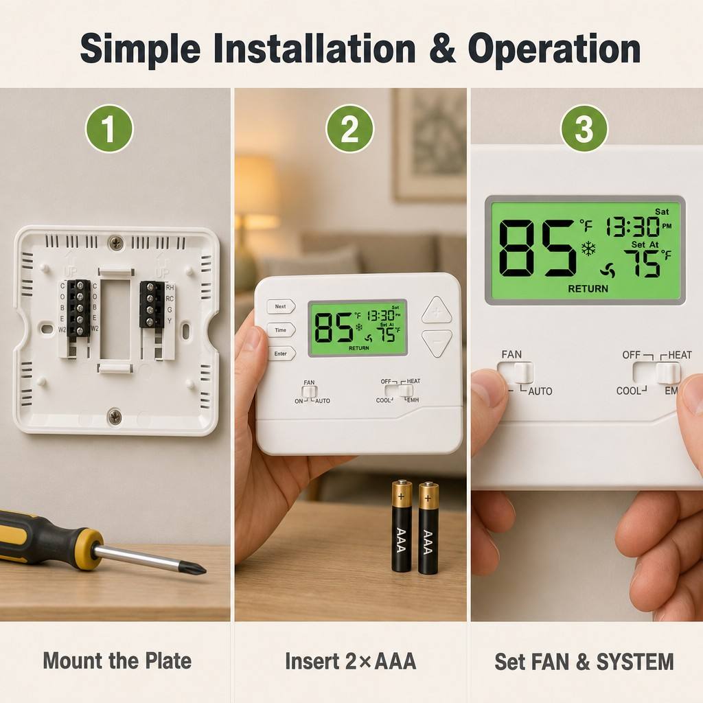 Riseem 1 Amp Per Terminal Load Rating Heat Pump Thermostat for System Operation in Conventional Or Heat Pump Applications