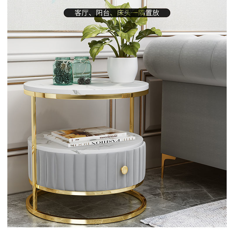Bedroom Bedside Tables Modern Round Living Room Table with PU Leather Cover Material