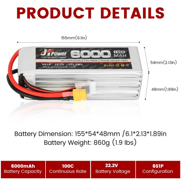 100C FPV Drone Battery 22.2V 6000mAh 6S Lipo Battery Customized